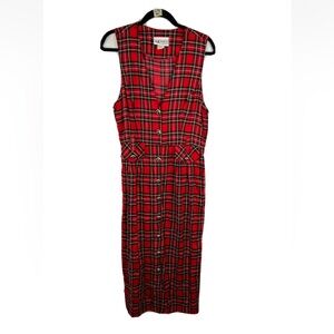 VTG S.L Fashions x-mas Red Tartan Plaid Sleeveless Dress Woman 14 Buttons V Neck